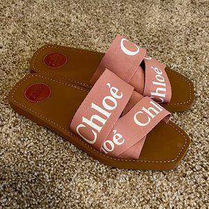Chloe Woody Slide Slip On Ribbon Sandals in Dusty Rose Pink
